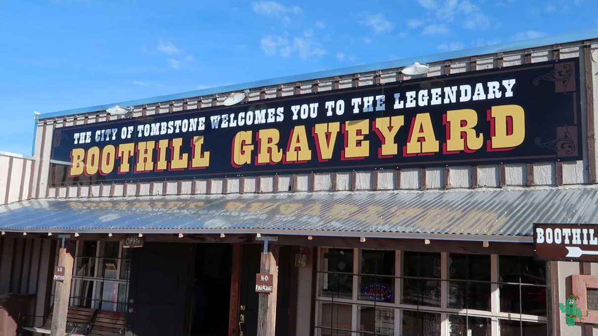 Tombstone Graveyard sign on outside of building