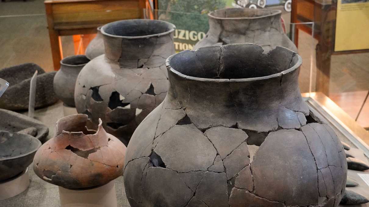 Reconstructed pottery in museum display