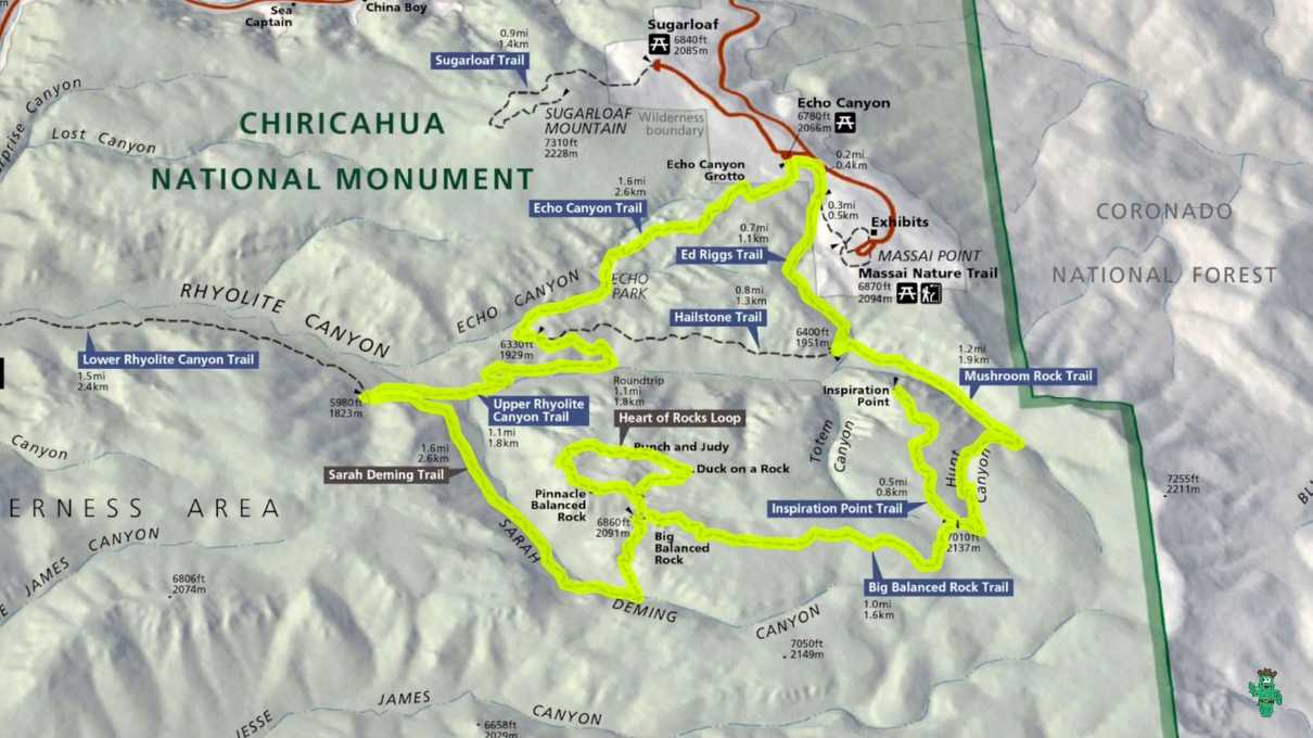 A map highlighting the Big Loop trail at Chiricahua National Monument