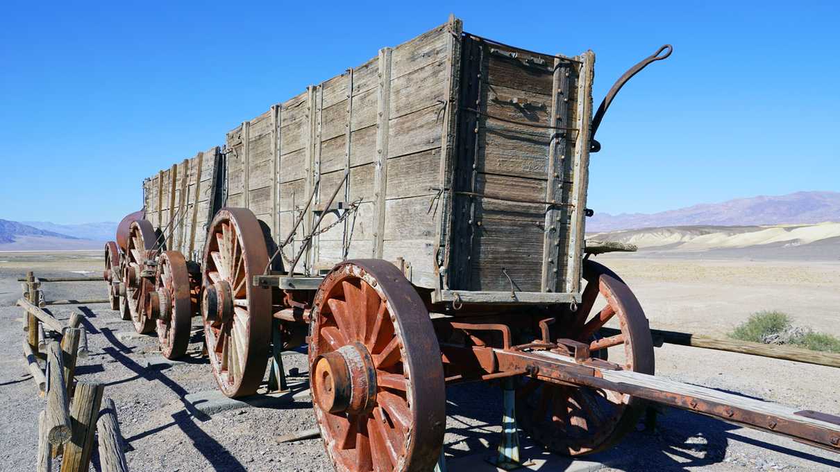 Wooden wagons once pulled by 20-mule teams