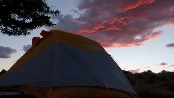 Sunset and my tent at Homolovi State Park Campground
