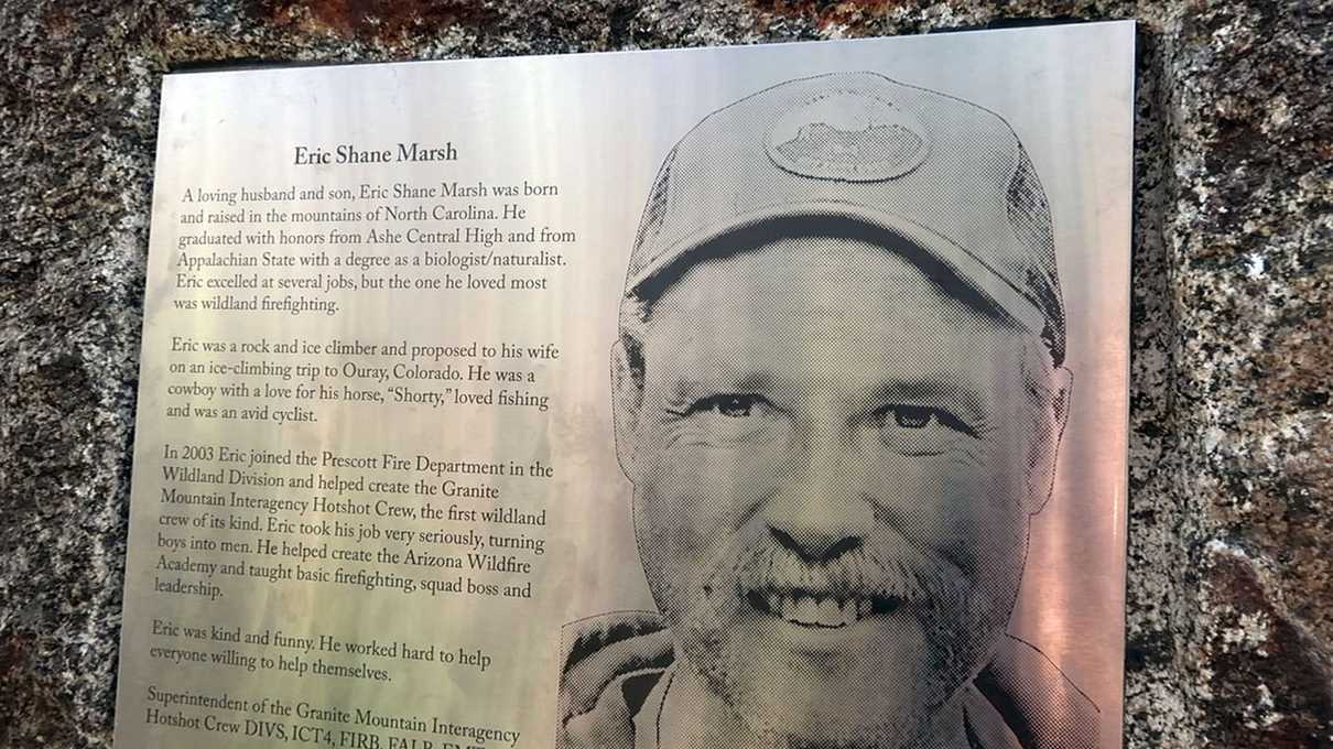 One of the 19 memorial plaques dedicated to each of the 19 Granite Mountain Hotshots