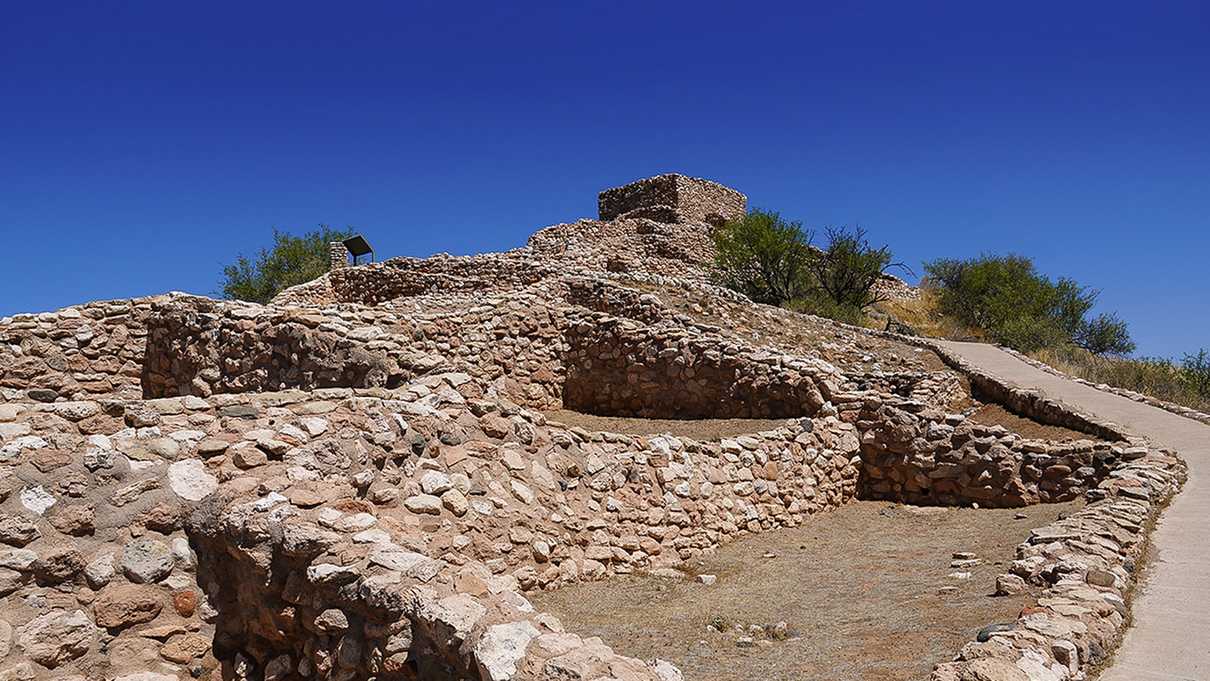 Stairstep rock wall ruins on hillside