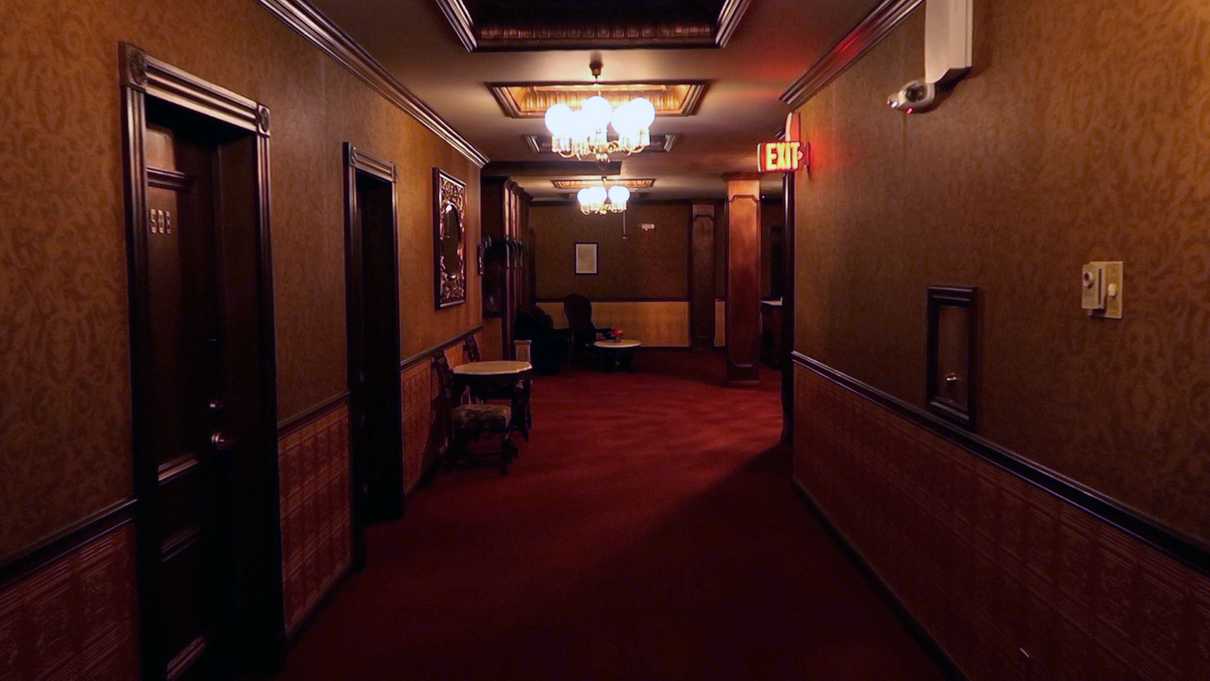 A dimly lit hallway at the Mizpah Hotel