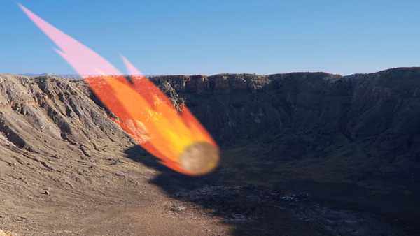 Illustrated meteor over photograph of Meteor Crater