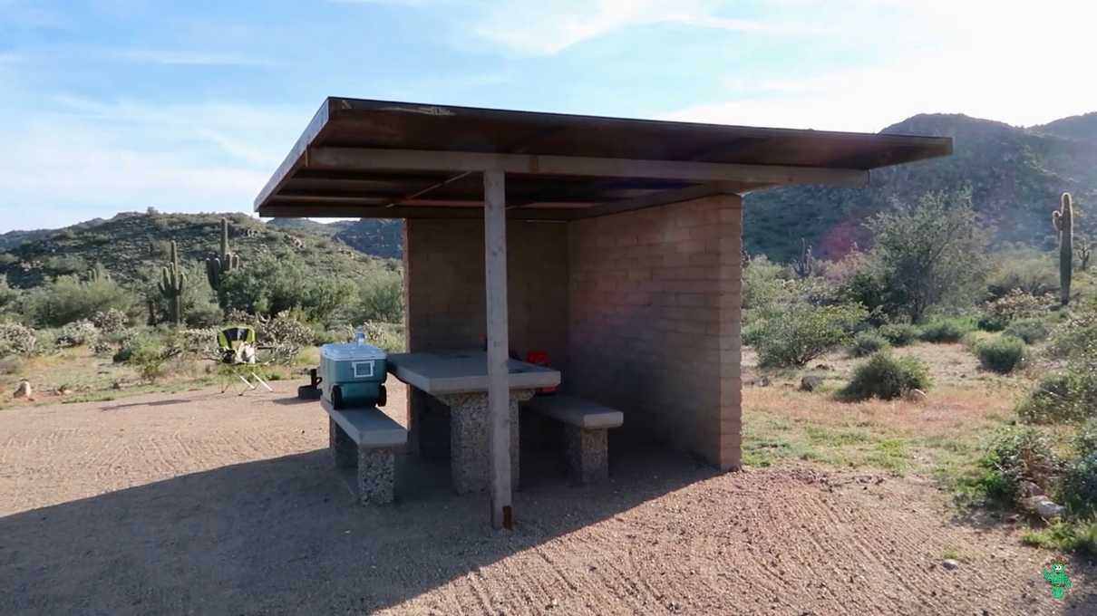 A ramada providing shade at a campsite at Willow Campground