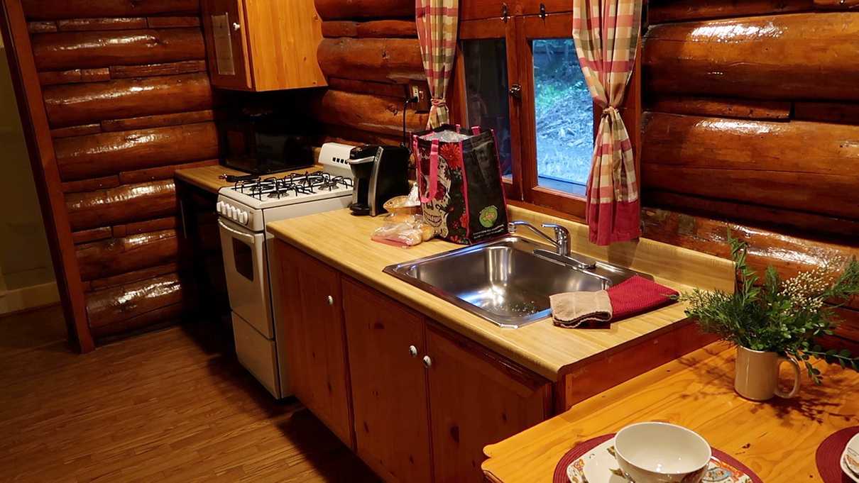 The kitchen at our cabin at the Butterfly Garden Inn