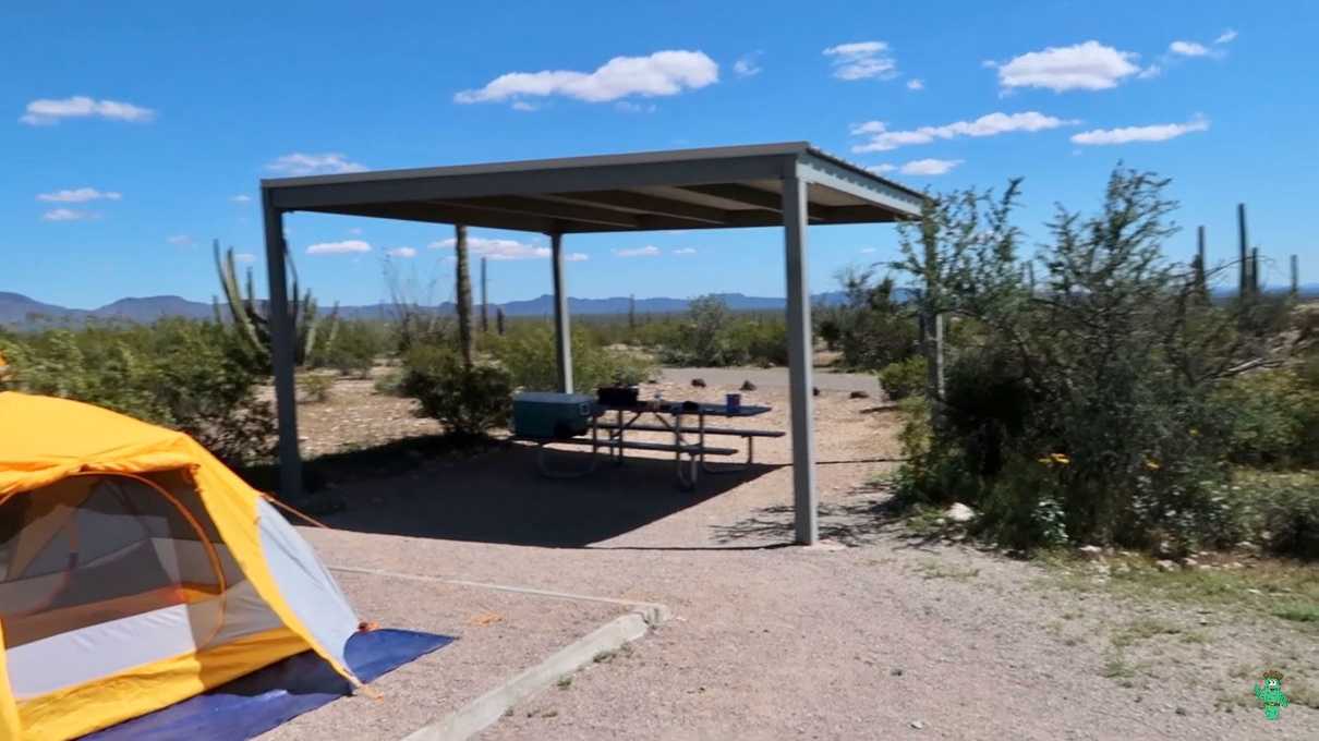A ramada that provides some shade at the Twin Peaks Campground