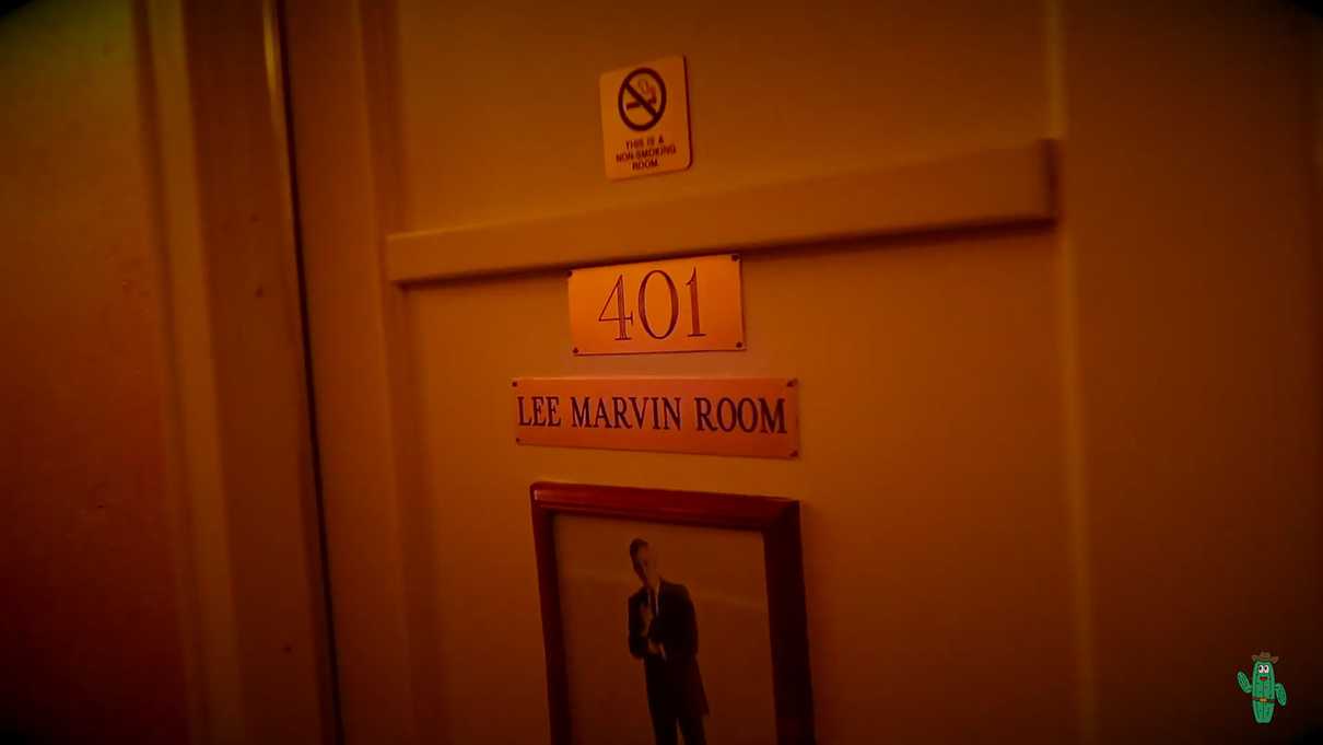 Framed photo of Lee Marvin on door to Room 401