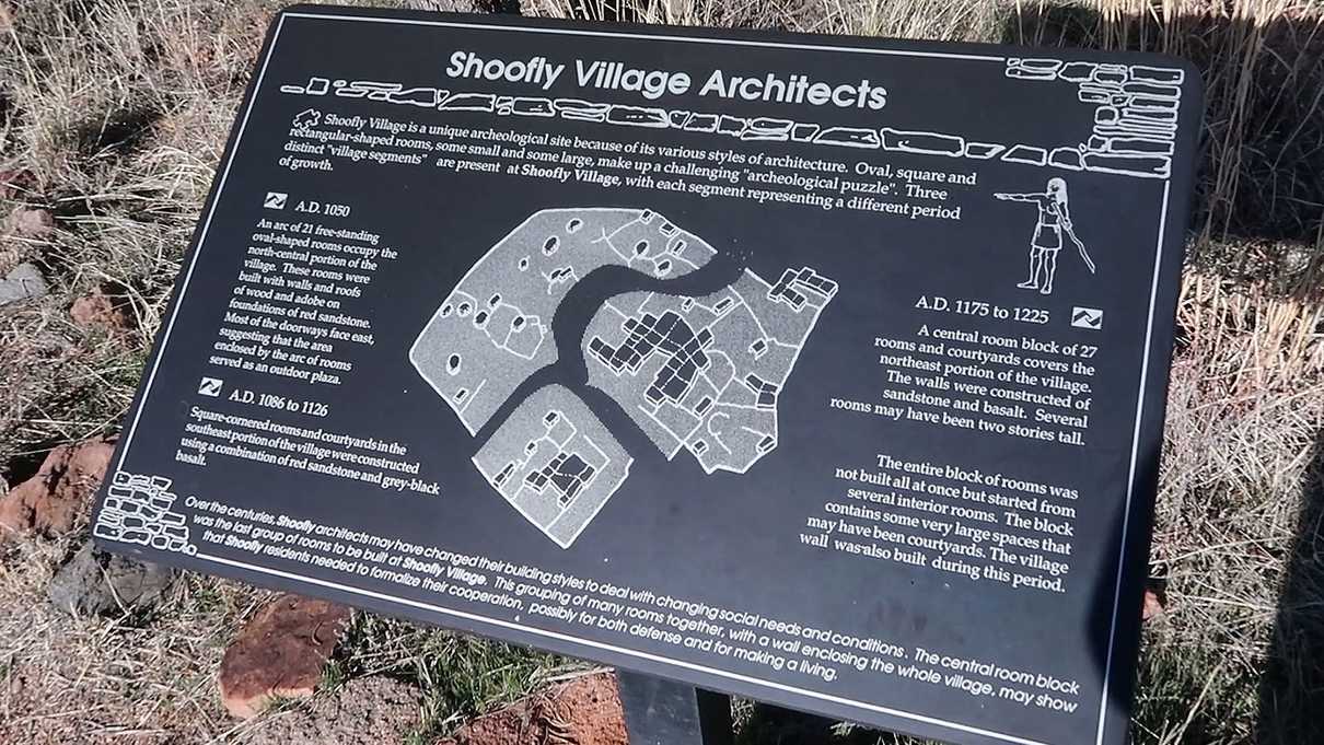 Sign providing information about the architecture of Shoofly Village