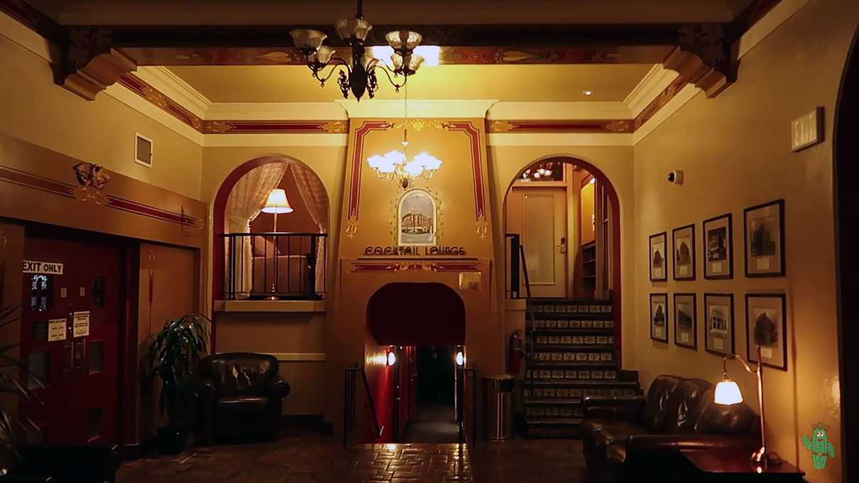 Lobby of Hotel Monte Vista bathed on golden light