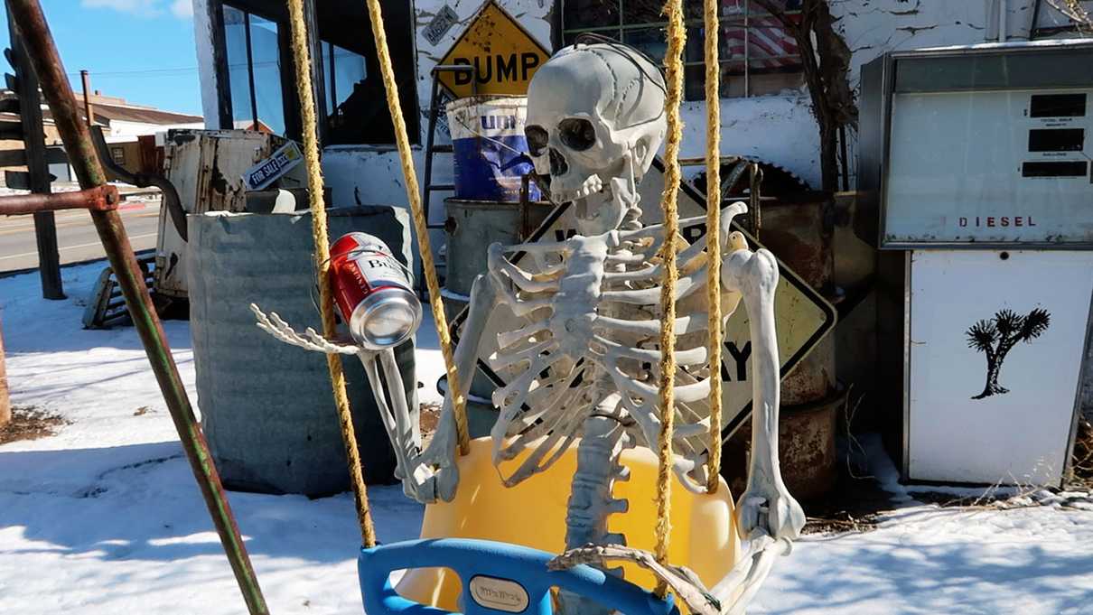 Plastic skeleton sitting in swing holding aluminum can