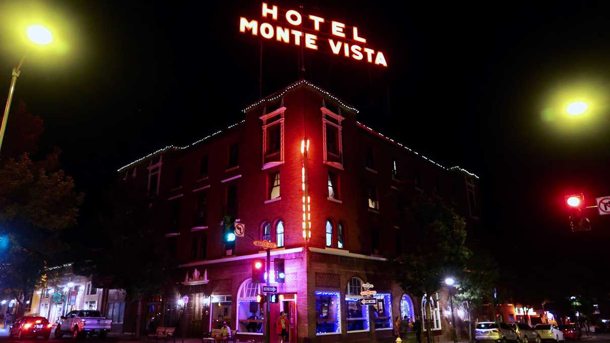 Night time view of Hotel Monte Vista from street level