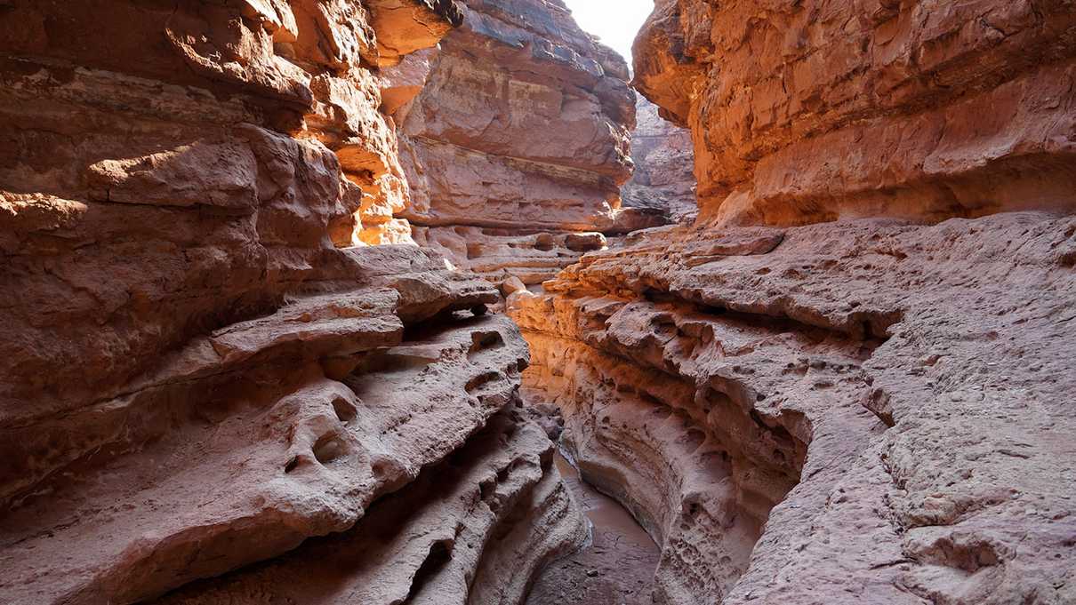 Trail cuts between narrow red rock canyon walls